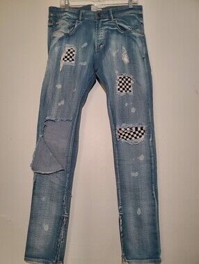 Lakenzie Womens Distressed Checkered Patch Jeans Ankle Zip Sz M Waist 32 High Ri